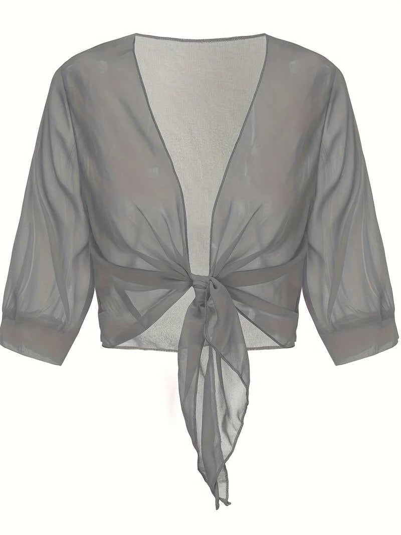 Warrah | Women's Tie Front Sheer Blouse Open Front 3/4 Sleeve Top