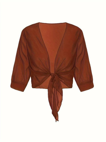Warrah | Women's Tie Front Sheer Blouse Open Front 3/4 Sleeve Top