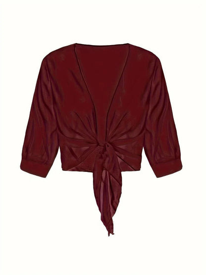 Warrah | Women's Tie Front Sheer Blouse Open Front 3/4 Sleeve Top
