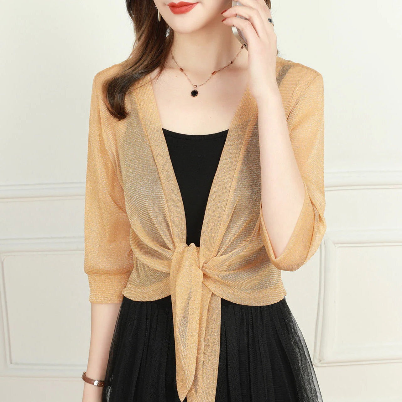 Warrah | Women's Tie Front Sheer Blouse Open Front 3/4 Sleeve Top