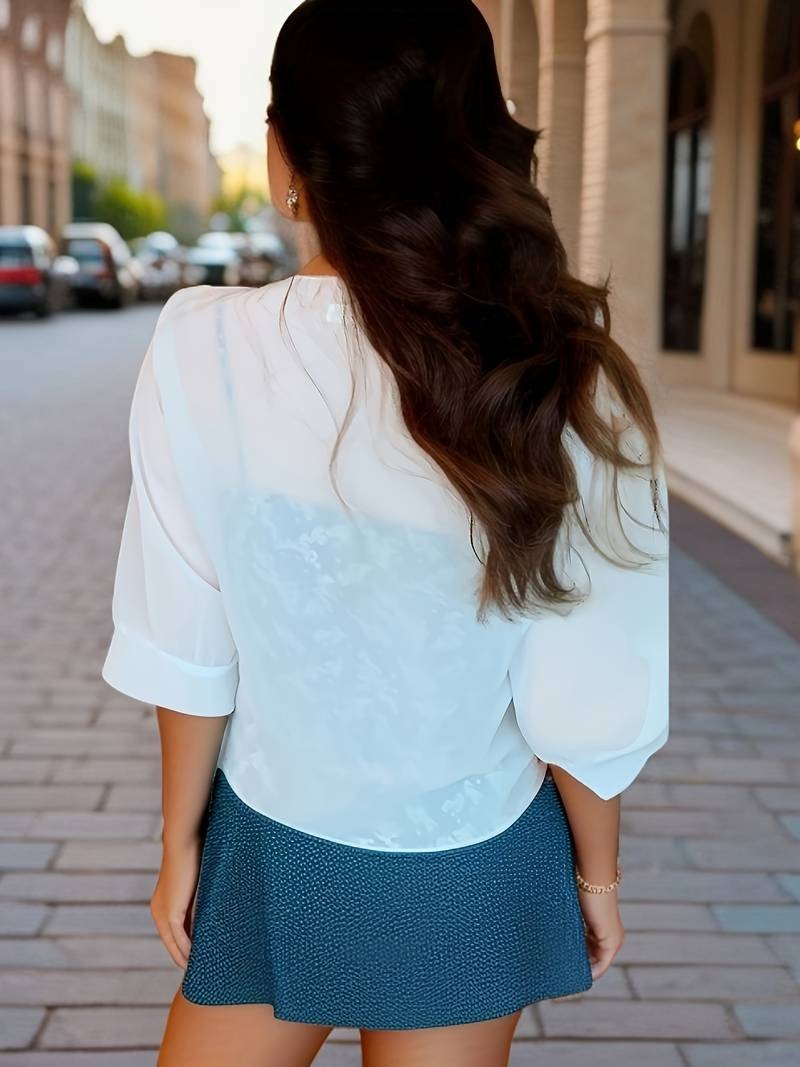Warrah | Women's Tie Front Sheer Blouse Open Front 3/4 Sleeve Top