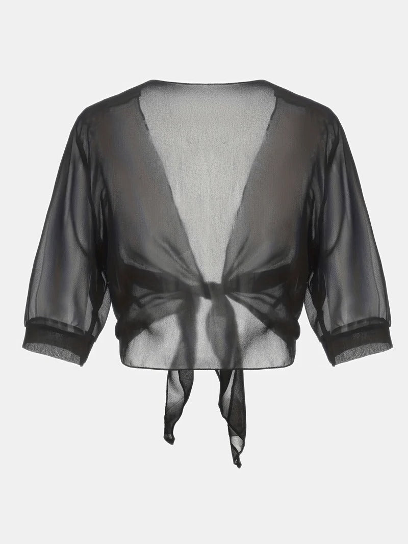 Warrah | Women's Tie Front Sheer Blouse Open Front 3/4 Sleeve Top