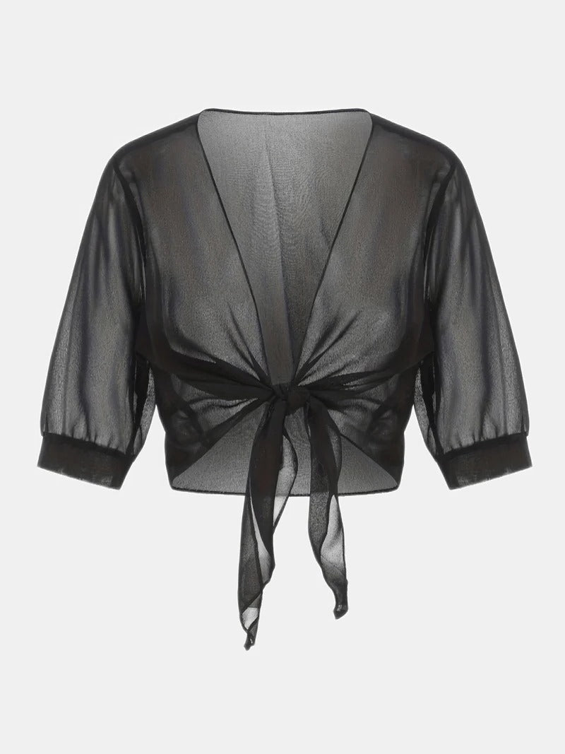 Warrah | Women's Tie Front Sheer Blouse Open Front 3/4 Sleeve Top