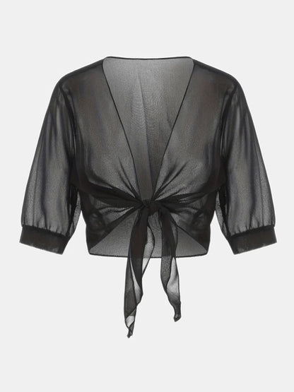 Warrah | Women's Tie Front Sheer Blouse Open Front 3/4 Sleeve Top