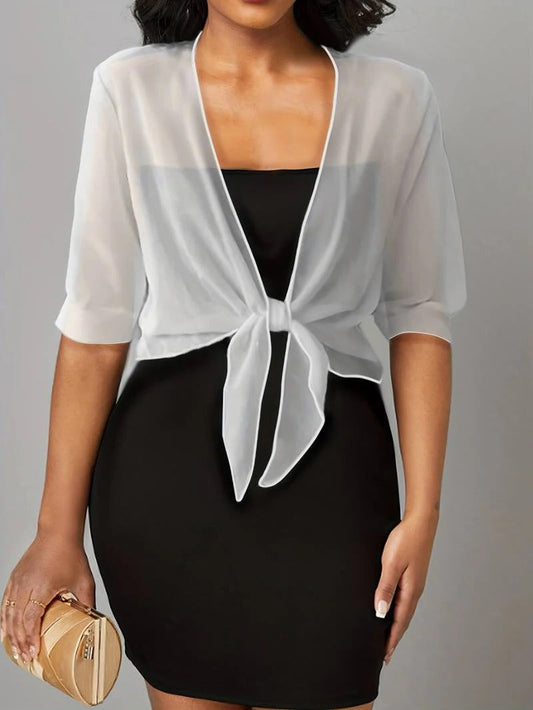 Warrah | Women's Tie Front Sheer Blouse Open Front 3/4 Sleeve Top