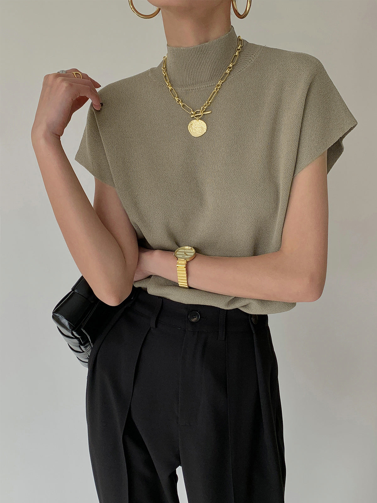 Thessaly | Women's Mock Neck Sleeveless Top Padded Shoulder Vest
