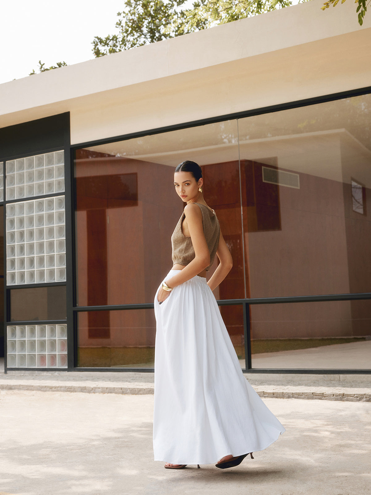 Piper | Women's High Waist Pleated A-Line Maxi Skirt with Pockets
