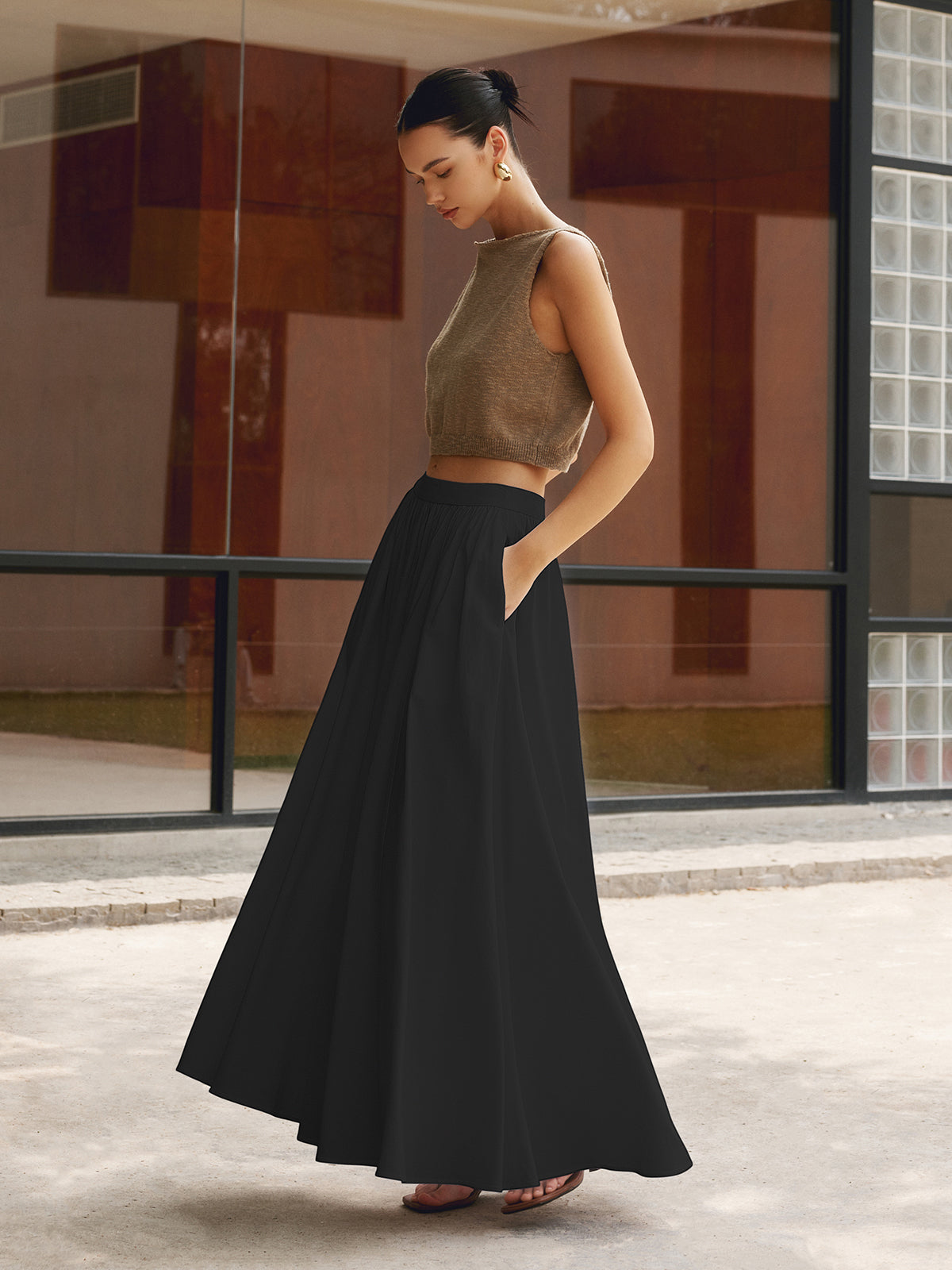 Piper | Women's High Waist Pleated A-Line Maxi Skirt with Pockets