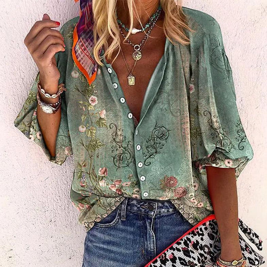 Hana2™ | Women's Floral Button Up 3/4 Sleeve Blouse