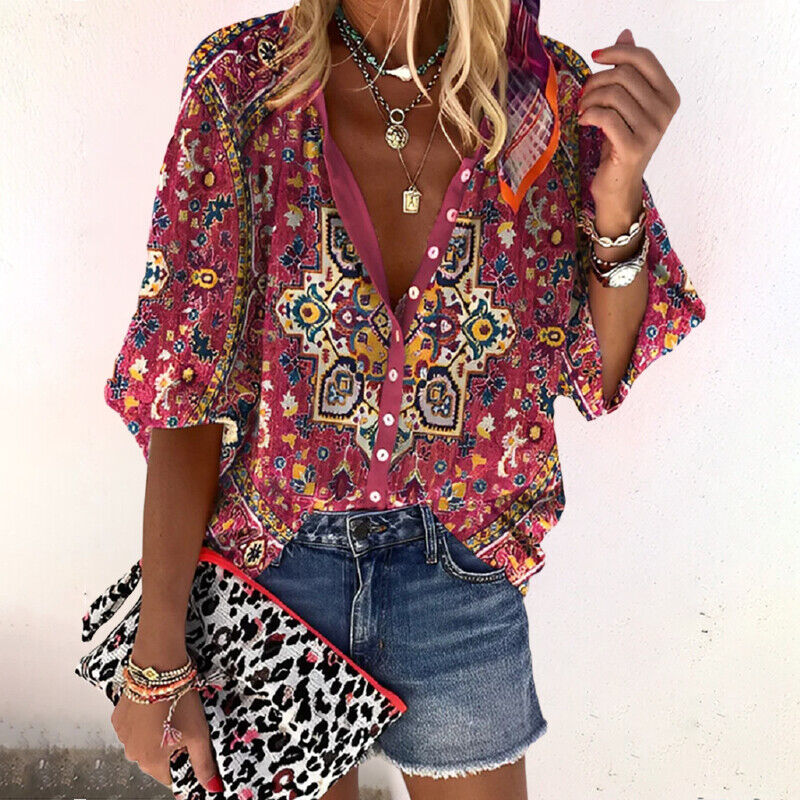 Hana | Women's Floral Button Up 3/4 Sleeve Blouse