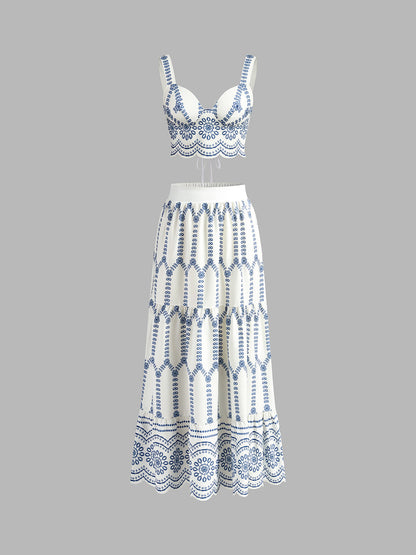 Santorini | Women's Maxi Skirt Co-Ord Set Embroidered Crop Top
