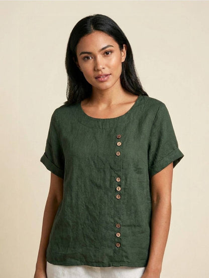 Rowena | Women's Everyday Scoop Neck Button Detail Short Sleeve Top