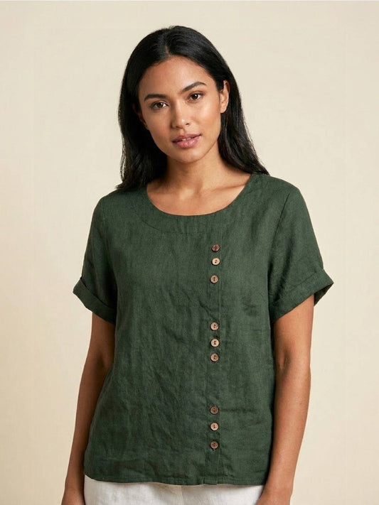 Rowena | Women's Everyday Scoop Neck Button Detail Short Sleeve Top