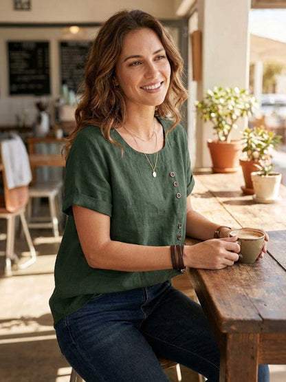 Rowena | Women's Everyday Scoop Neck Button Detail Short Sleeve Top