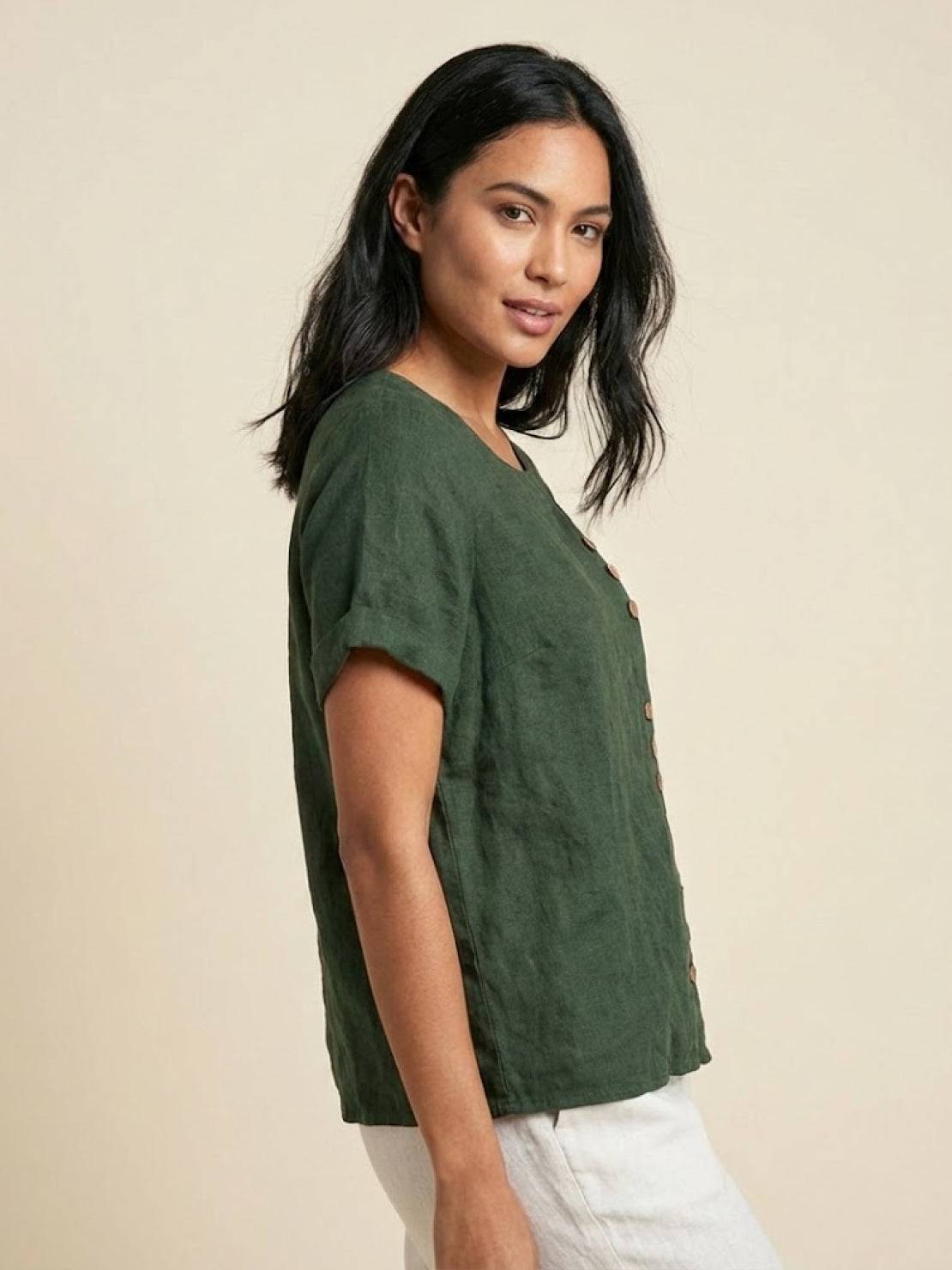 Rowena | Women's Everyday Scoop Neck Button Detail Short Sleeve Top