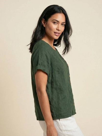 Rowena | Women's Everyday Scoop Neck Button Detail Short Sleeve Top