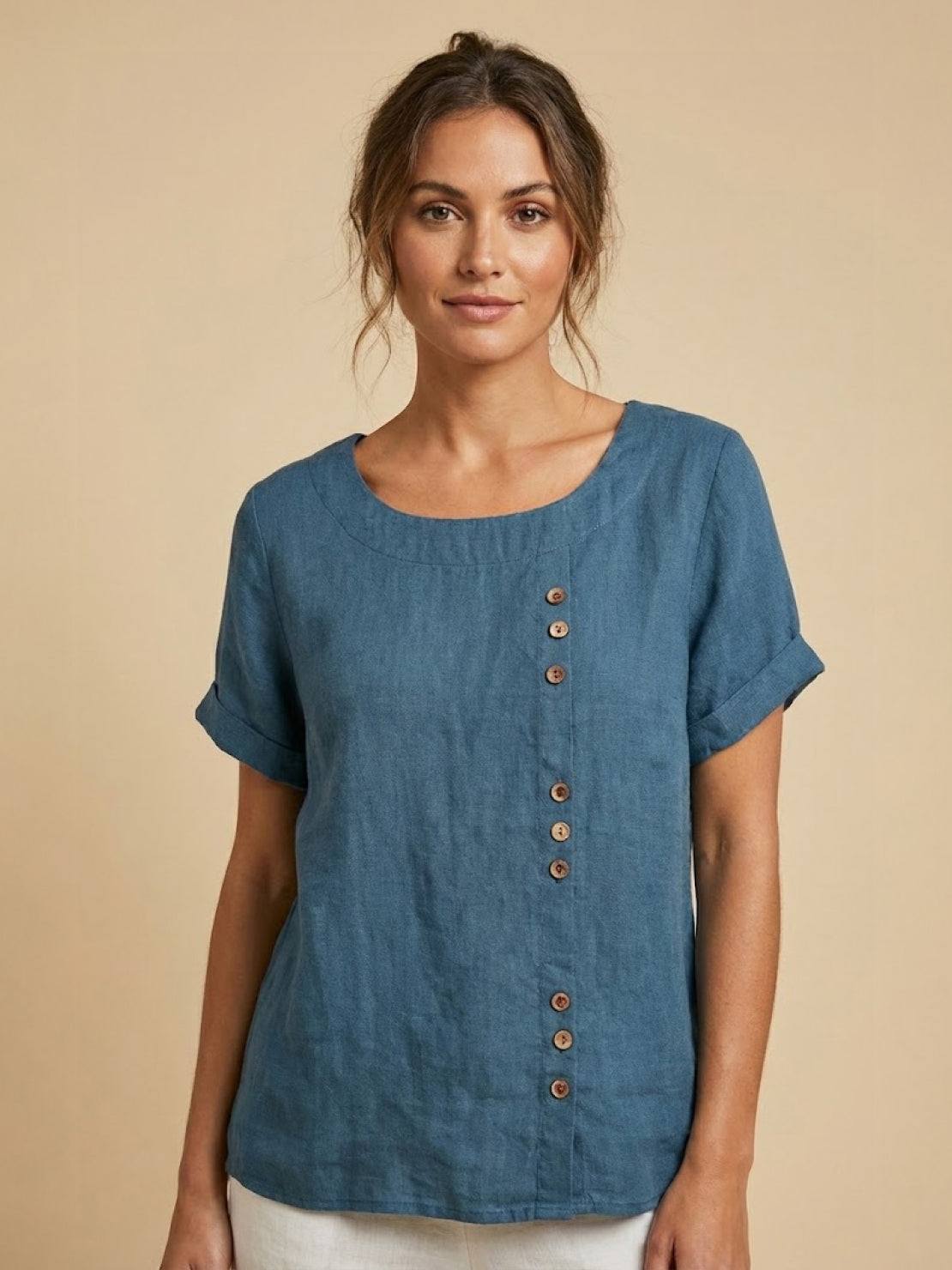 Rowena | Women's Everyday Scoop Neck Button Detail Short Sleeve Top