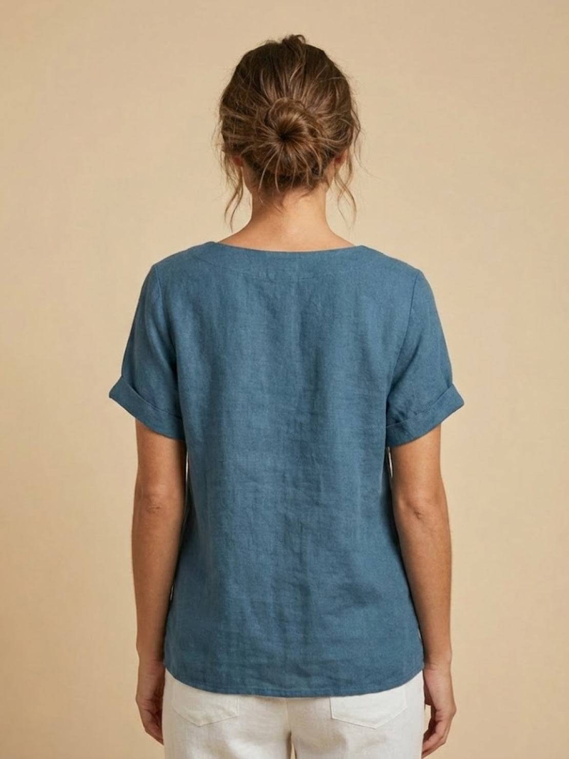 Rowena | Women's Everyday Scoop Neck Button Detail Short Sleeve Top