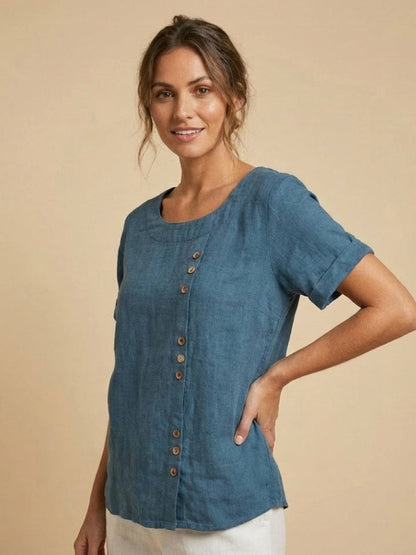 Rowena | Women's Everyday Scoop Neck Button Detail Short Sleeve Top