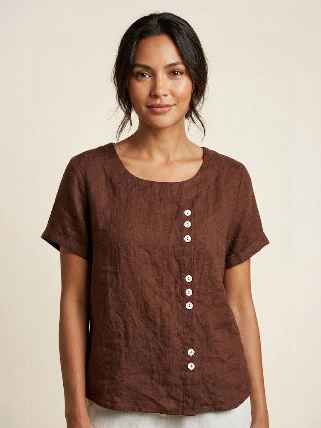 Rowena | Women's Everyday Scoop Neck Button Detail Short Sleeve Top