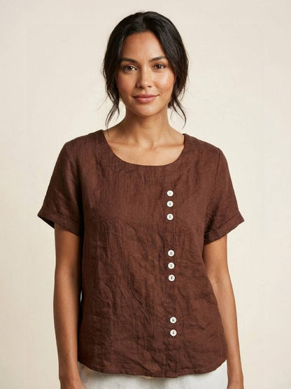 Rowena | Women's Everyday Scoop Neck Button Detail Short Sleeve Top
