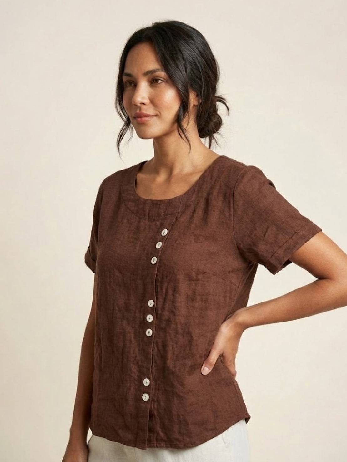 Rowena | Women's Everyday Scoop Neck Button Detail Short Sleeve Top