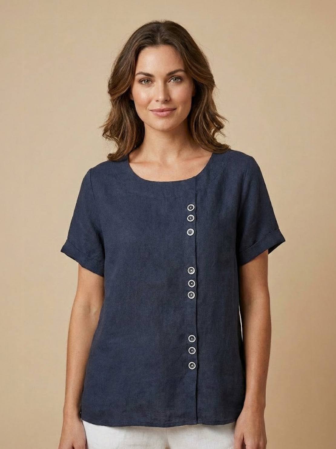 Rowena | Women's Everyday Scoop Neck Button Detail Short Sleeve Top