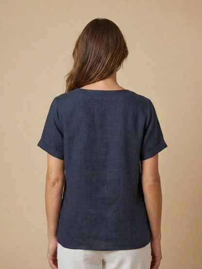 Rowena | Women's Everyday Scoop Neck Button Detail Short Sleeve Top