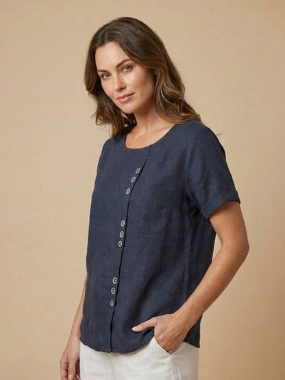Rowena | Women's Everyday Scoop Neck Button Detail Short Sleeve Top