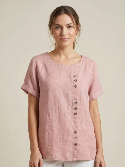 Rowena | Women's Everyday Scoop Neck Button Detail Short Sleeve Top