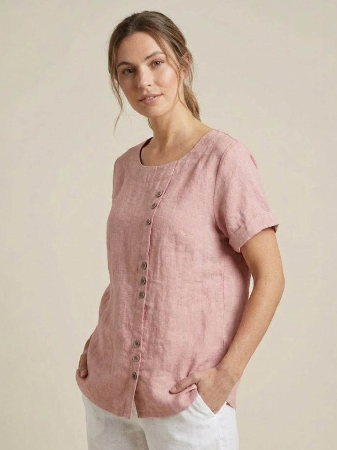 Rowena | Women's Everyday Scoop Neck Button Detail Short Sleeve Top