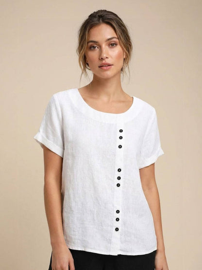 Rowena | Women's Everyday Scoop Neck Button Detail Short Sleeve Top