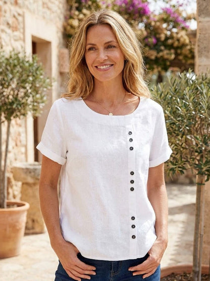 Rowena | Women's Everyday Scoop Neck Button Detail Short Sleeve Top