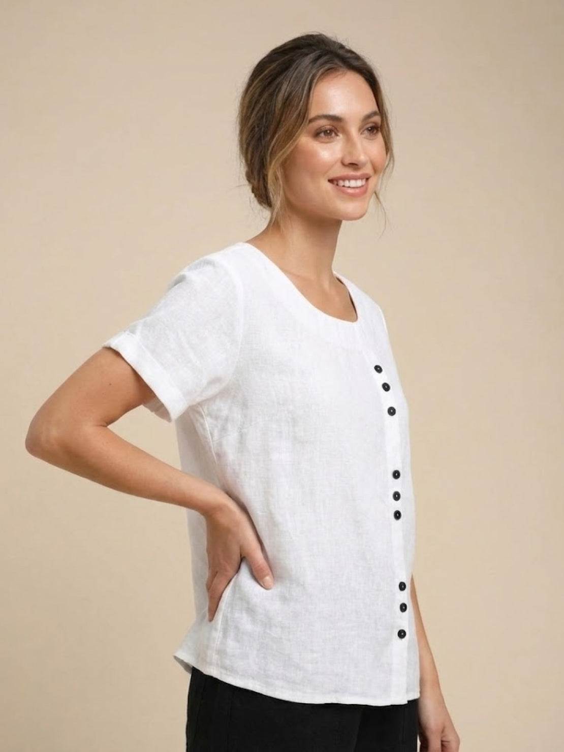 Rowena | Women's Everyday Scoop Neck Button Detail Short Sleeve Top