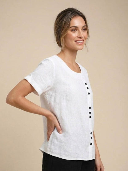 Rowena | Women's Everyday Scoop Neck Button Detail Short Sleeve Top