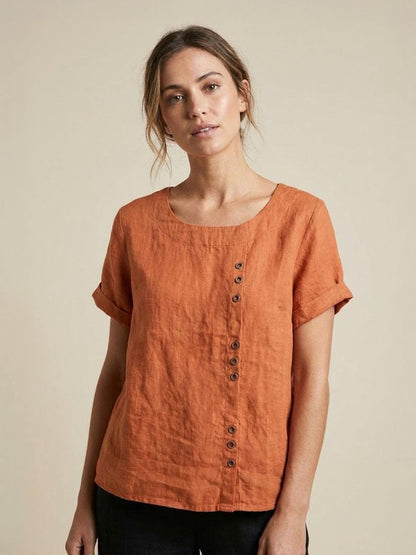 Rowena | Women's Everyday Scoop Neck Button Detail Short Sleeve Top