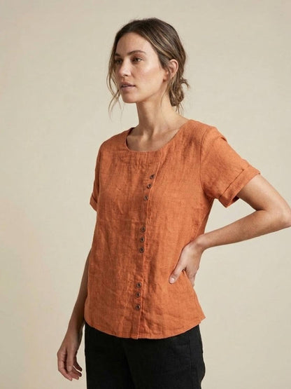 Rowena | Women's Everyday Scoop Neck Button Detail Short Sleeve Top