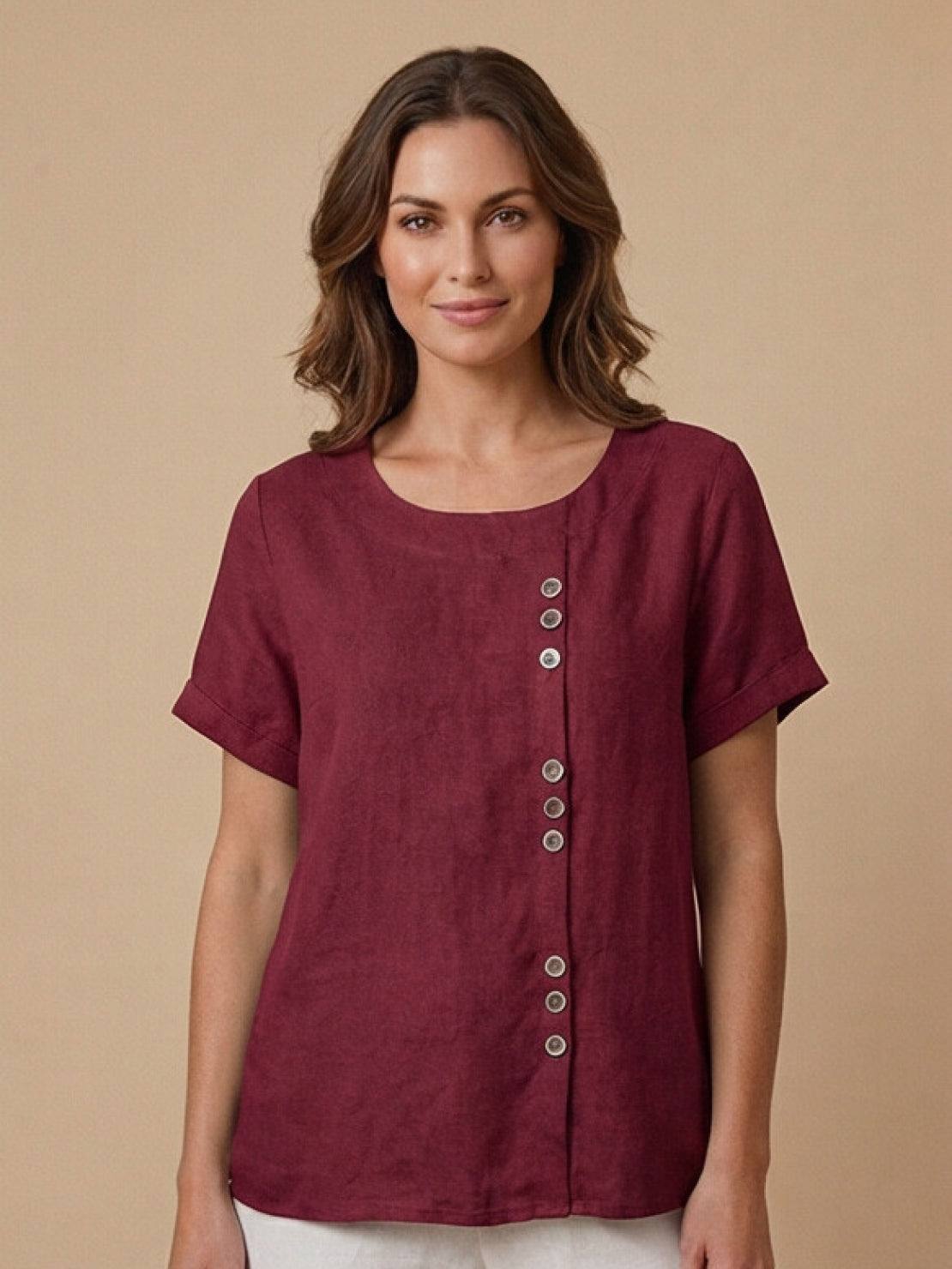 Rowena | Women's Everyday Scoop Neck Button Detail Short Sleeve Top
