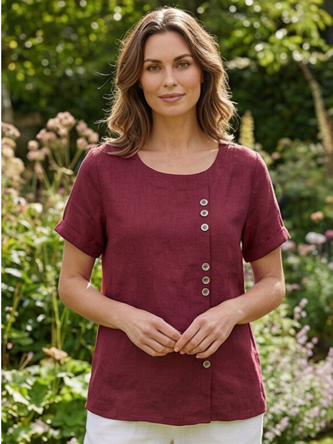 Rowena | Women's Everyday Scoop Neck Button Detail Short Sleeve Top