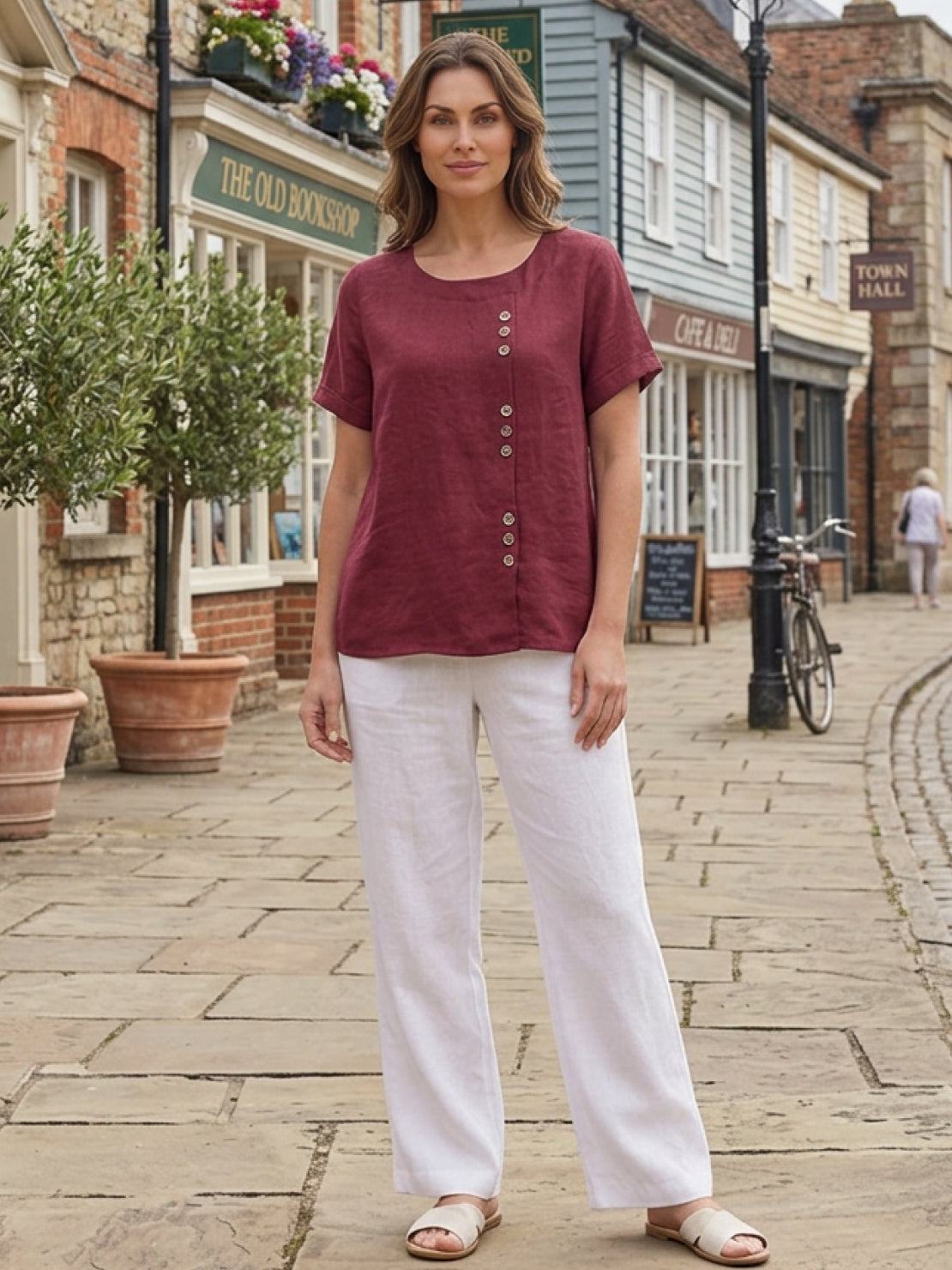 Rowena | Women's Everyday Scoop Neck Button Detail Short Sleeve Top