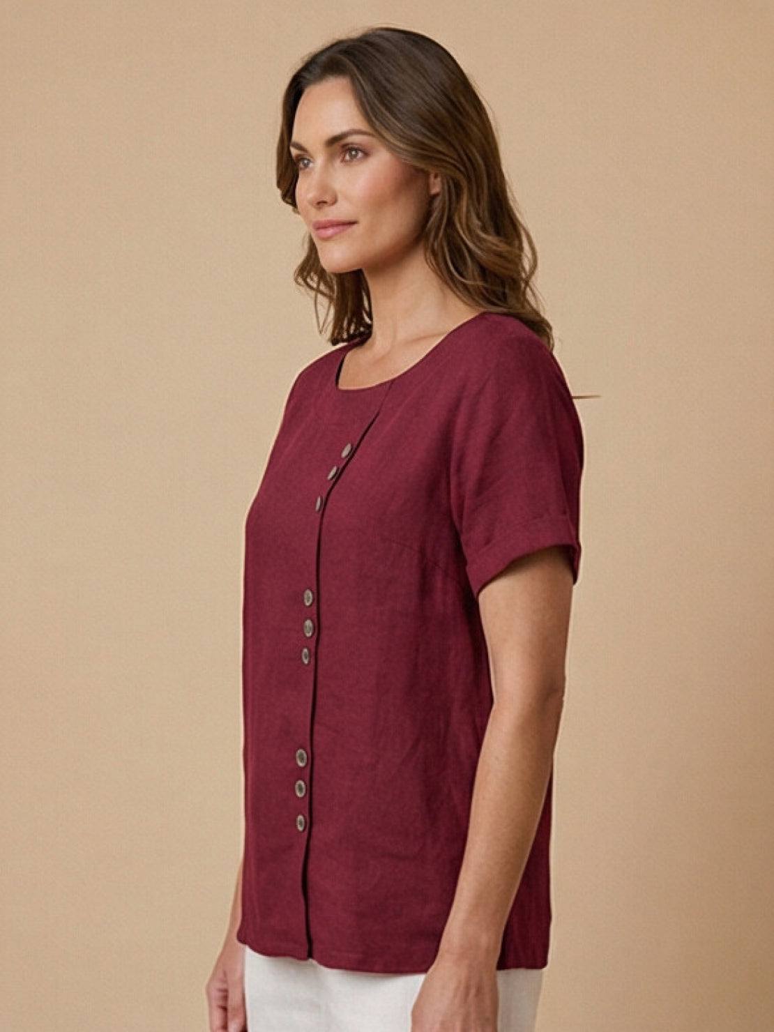 Rowena | Women's Everyday Scoop Neck Button Detail Short Sleeve Top
