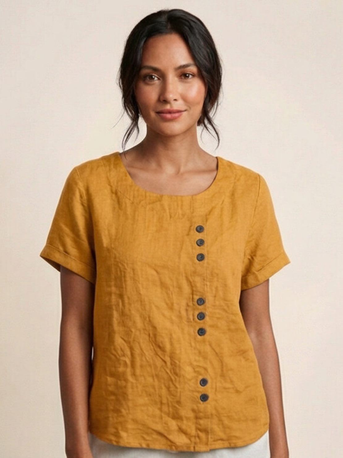 Rowena | Women's Everyday Scoop Neck Button Detail Short Sleeve Top
