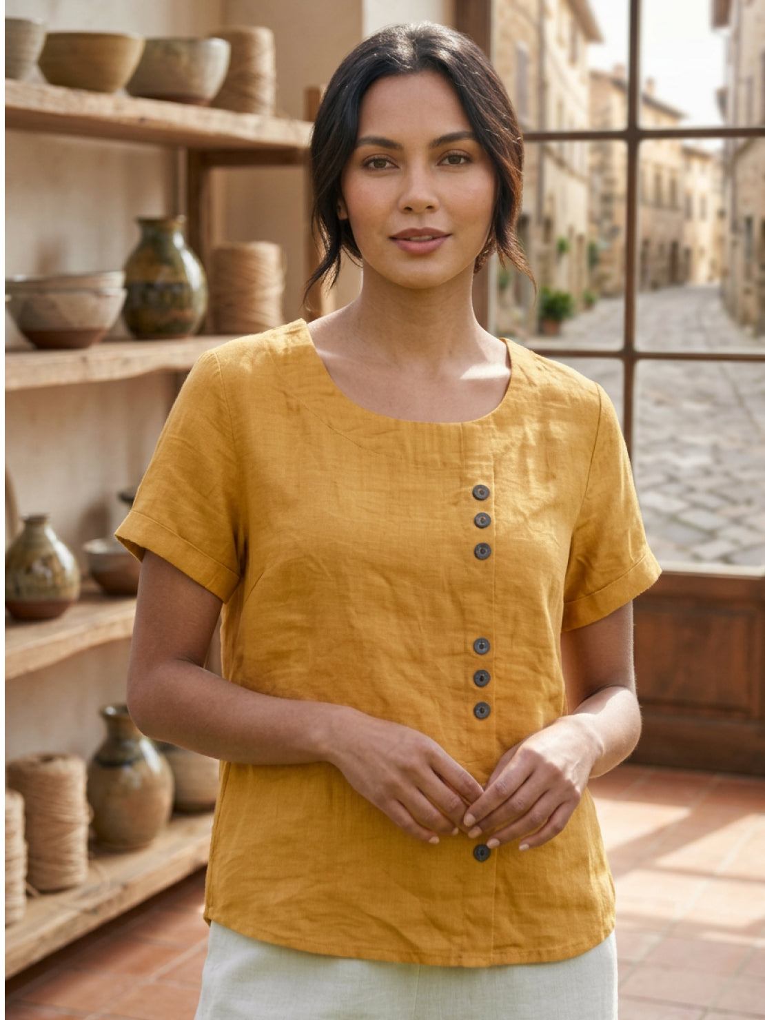Rowena | Women's Everyday Scoop Neck Button Detail Short Sleeve Top