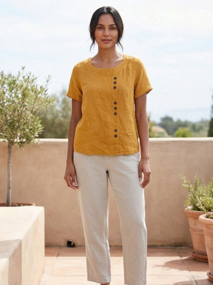 Rowena | Women's Everyday Scoop Neck Button Detail Short Sleeve Top