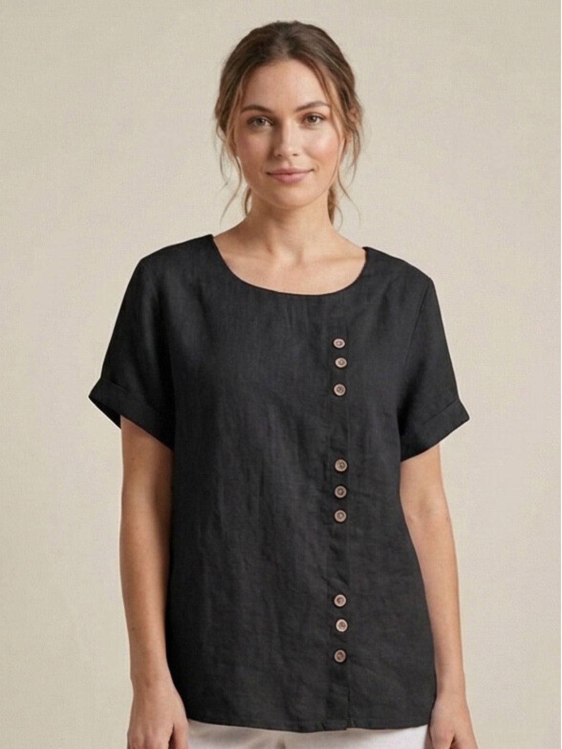Rowena | Women's Everyday Scoop Neck Button Detail Short Sleeve Top