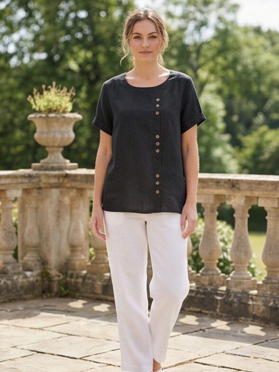 Rowena | Women's Everyday Scoop Neck Button Detail Short Sleeve Top