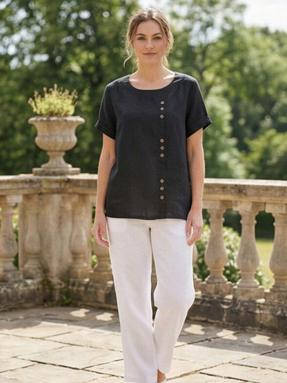 Rowena | Women's Everyday Scoop Neck Button Detail Short Sleeve Top