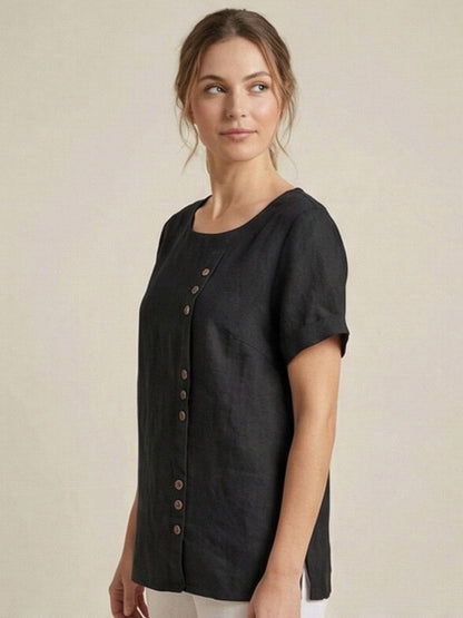 Rowena | Women's Everyday Scoop Neck Button Detail Short Sleeve Top