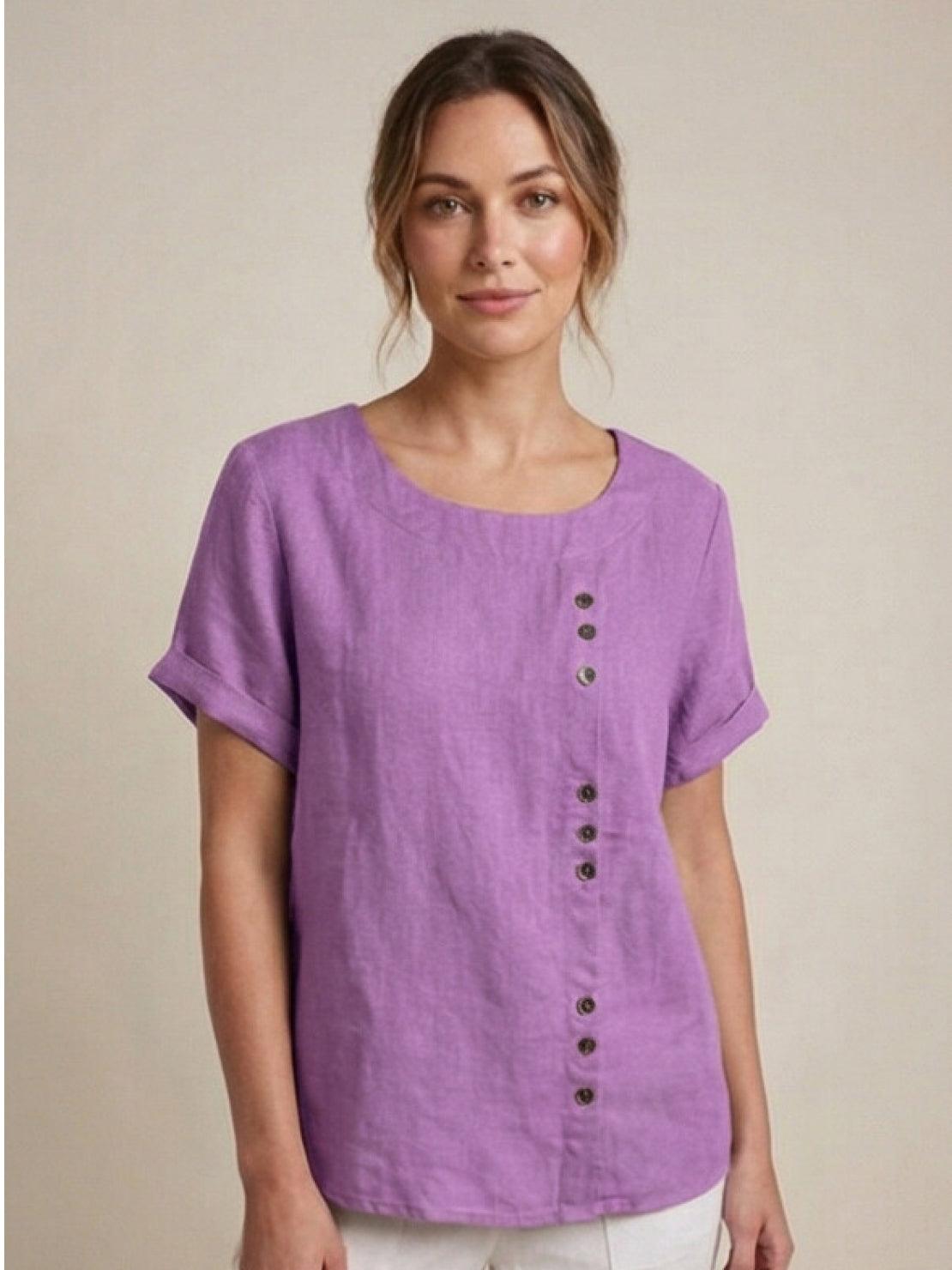 Rowena | Women's Everyday Scoop Neck Button Detail Short Sleeve Top