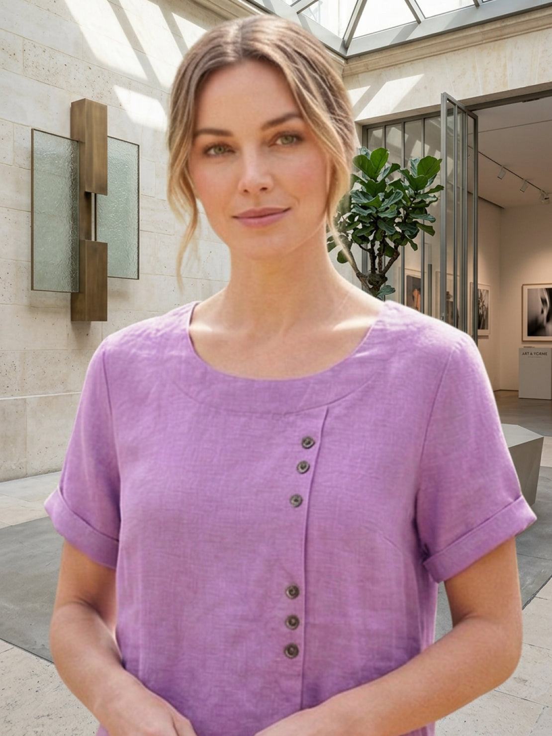Rowena | Women's Everyday Scoop Neck Button Detail Short Sleeve Top